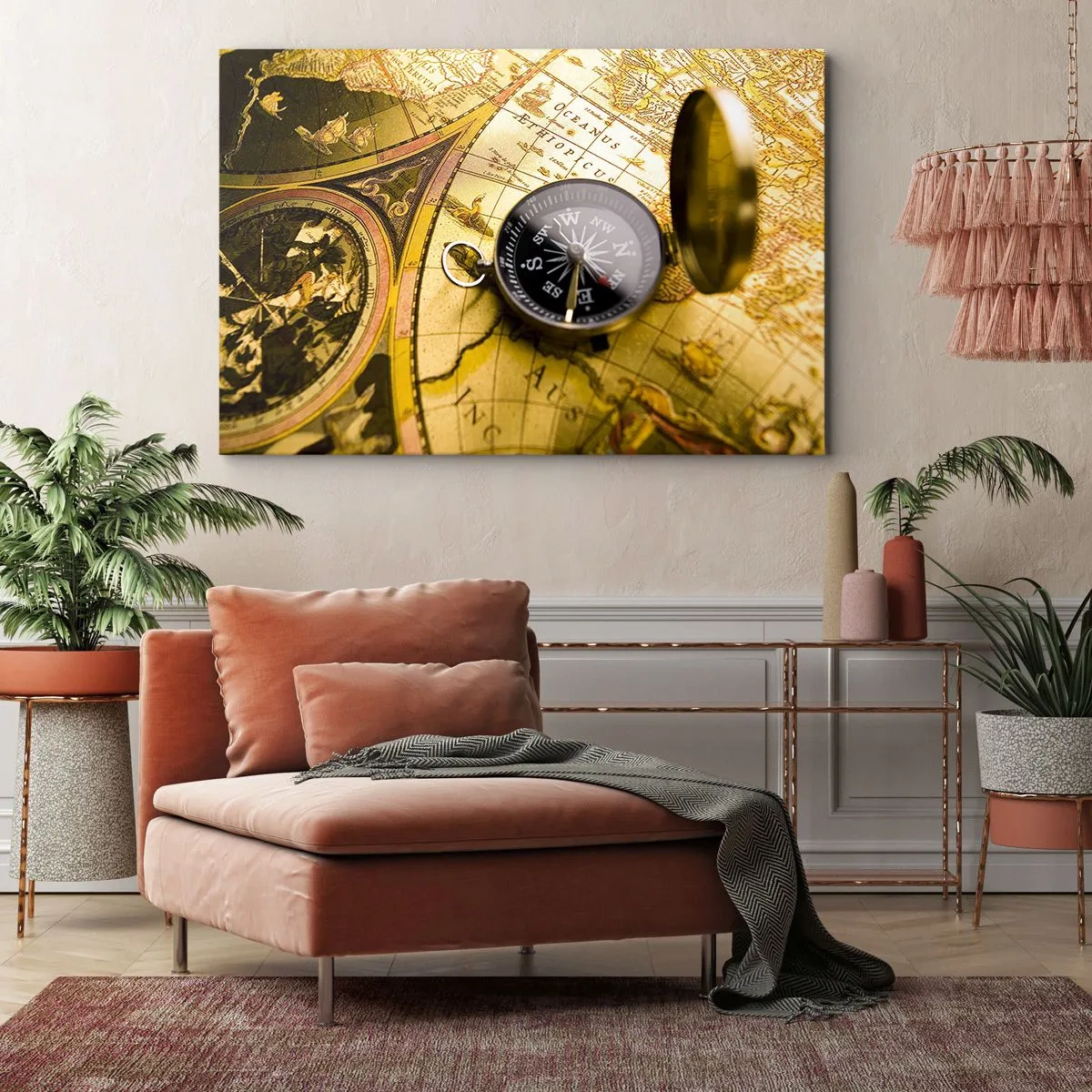 Bild auf Leinwand - Leinwandbild - Ein antiker Kompass vor dem Hintergrund einer alten Weltkarte - 70x50cm - Oder vielleicht bis ans Ende der Welt? - Moderne Wanddekoration für Wohnzimmer und Schlafzimmer ARTTOR