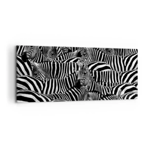 Bild auf Leinwand - Leinwandbild - Eine Gruppe Zebras mit schwarzen und weißen Streifen, die ein symmetrisches Muster bilden. - 120x50cm - Gestreiftes Gruppenportrait - Moderne Wanddekoration für Wohnzimmer und Schlafzimmer ARTTOR