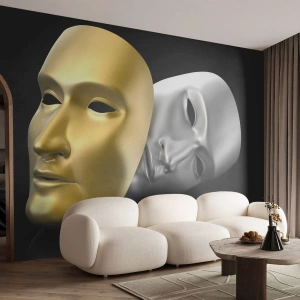 Fototapete Premium Sand - Gold- und Silber-Theatermaske auf schwarzem Hintergrund - 100x70cm - Das Leben ist wie ein Theater - Moderne Wanddekoration für Wohnzimmer und Schlafzimmer ARTTOR