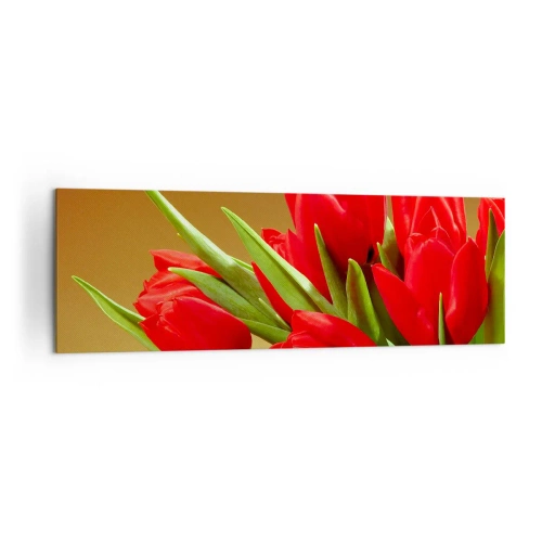 Bild auf Leinwand - Leinwandbild - Ein Strauß roter Tulpen auf goldenem Hintergrund mit grünen Blättern. - 160x50cm - Ein Haufen Frühlingsfreude - Moderne Wanddekoration für Wohnzimmer und Schlafzimmer ARTTOR