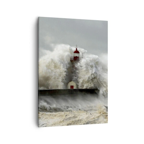 Bild auf Leinwand - Leinwandbild - Ein Leuchtturm, umgeben von rauen Wellen während eines Sturms - 50x70cm - Die Wut des Ozeans - Moderne Wanddekoration für Wohnzimmer und Schlafzimmer ARTTOR