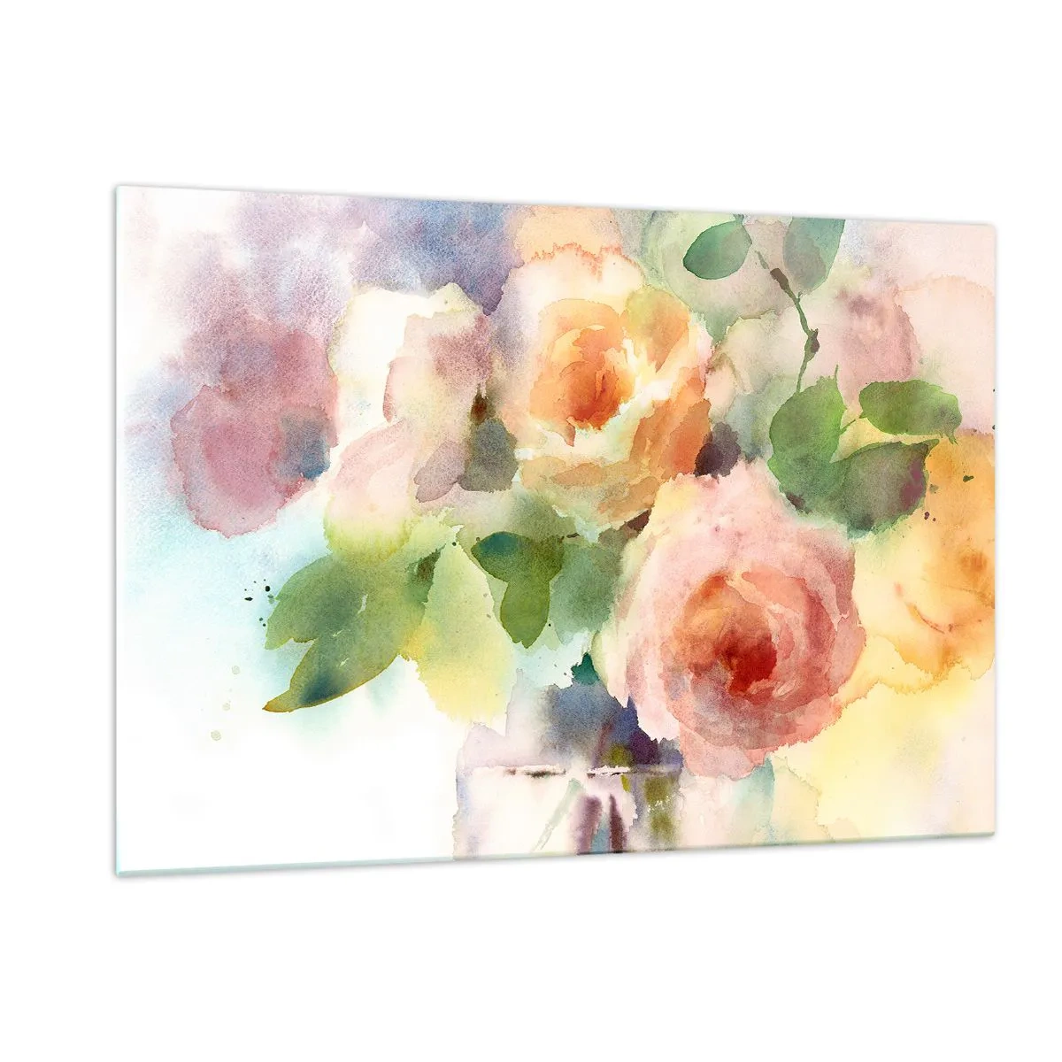 Glasbild - Bild auf glas - Ein Aquarellgemälde von Rosen in zarten Pastellfarben. - 120x80cm - Zart wie Aquarell - Moderne Wanddekoration für Wohnzimmer und Schlafzimmer ARTTOR