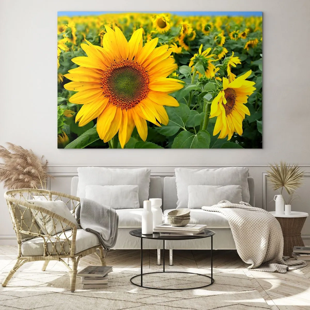 Glasbild - Bild auf glas - Ein Feld voller Sonnenblumen in voller Blüte unter blauem Himmel - 120x80cm - Hunderte von Sonnen flammten auf - Moderne Wanddekoration für Wohnzimmer und Schlafzimmer ARTTOR