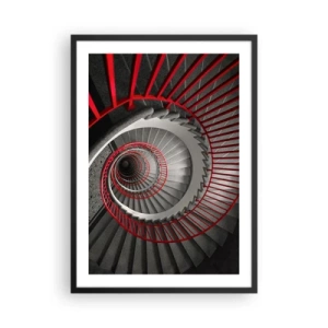 Poster in einem schwarzem Rahmen - Wendeltreppe in Schwarz und Weiß mit roten Handläufen - 50x70cm - Architekturspaß - Moderne Wanddekoration für Wohnzimmer und Schlafzimmer ARTTOR
