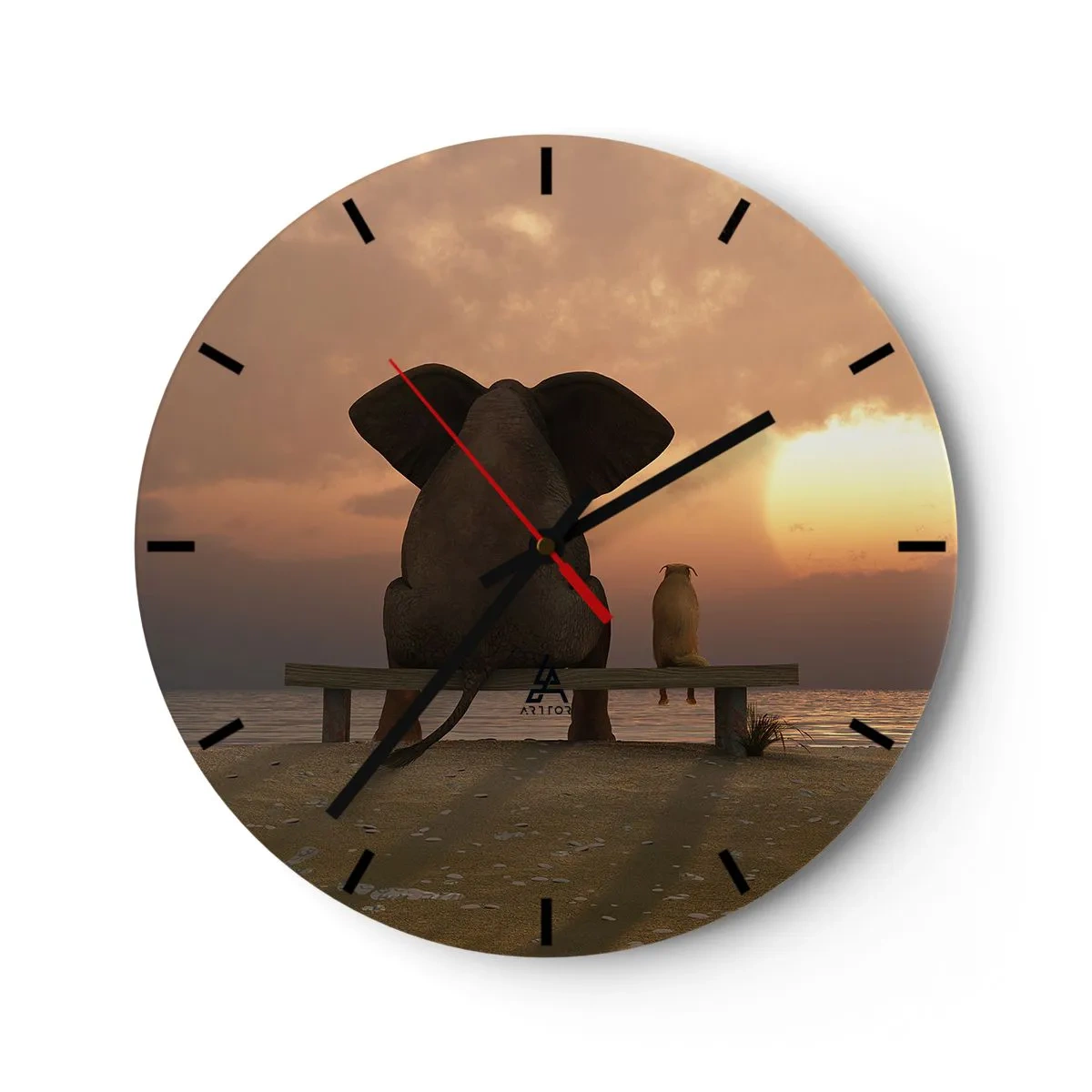 Wanduhr - Glasuhr - Ein Elefant und ein Hund sitzen bei Sonnenuntergang auf einer Bank am Meer. - 30x30cm - Es tut gut zusammen zu schweigen - Moderne Wanddekoration für Wohnzimmer, Küche und Schlafzimmer ARTTOR