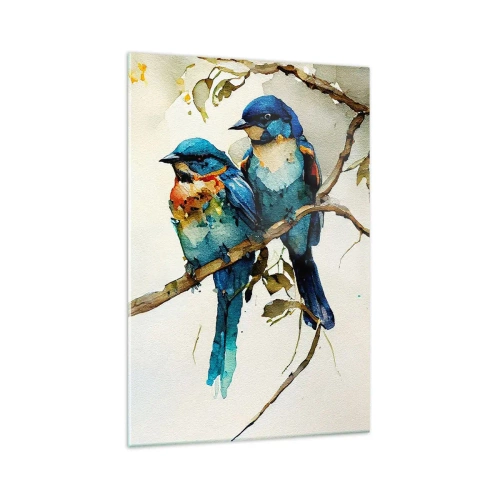 Glasbild - Bild auf glas - Drei bunte Vögel auf einem Ast im Aquarellstil - 70x100cm - War er beleidigt? - Moderne Wanddekoration für Wohnzimmer und Schlafzimmer ARTTOR