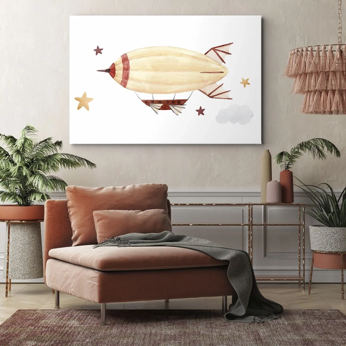 Bild auf Leinwand - Leinwandbild - Ein handbemaltes Luftschiff vor Sternenhimmel - 70x50cm - Luftschiff - Moderne Wanddekoration für Wohnzimmer und Schlafzimmer ARTTOR
