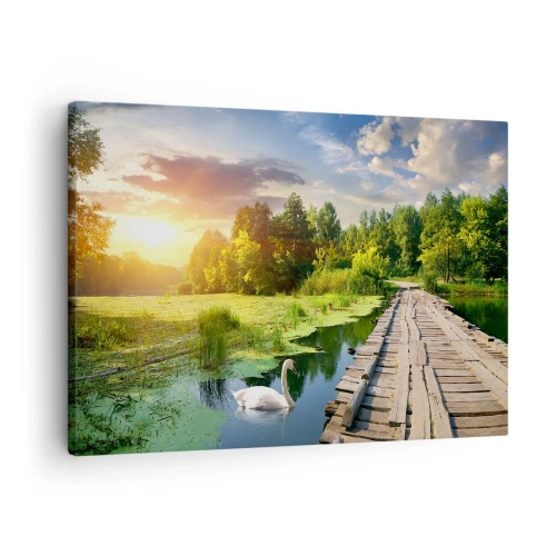 Bild auf Leinwand - Leinwandbild - Eine malerische Landschaft mit einer Brücke und einem Schwan - 70x50cm - Sommer, Sommer überall - Moderne Wanddekoration für Wohnzimmer und Schlafzimmer ARTTOR