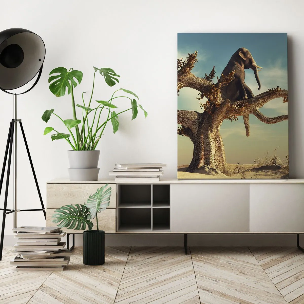 Bild auf Leinwand - Leinwandbild - Ein Elefant sitzt auf einem Baum in einer surrealen Landschaft - 70x100cm - Ein neuer Standpunkt - Moderne Wanddekoration für Wohnzimmer und Schlafzimmer ARTTOR