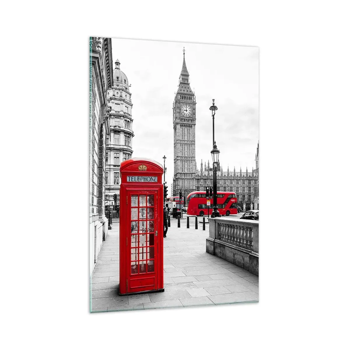Glasbild - Bild auf glas - Eine rote Telefonzelle mit Big Ben im Hintergrund in London - 80x120cm - London, ohne Zweifel - Moderne Wanddekoration für Wohnzimmer und Schlafzimmer ARTTOR