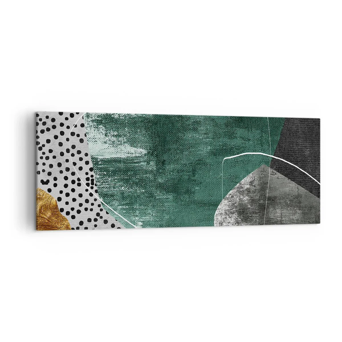 Bild auf Leinwand - Leinwandbild - Abstrakte Komposition mit grünen Formen und Punktmustern - 140x50cm - Bunte Abstraktion mit Blattgold - Moderne Wanddekoration für Wohnzimmer und Schlafzimmer ARTTOR