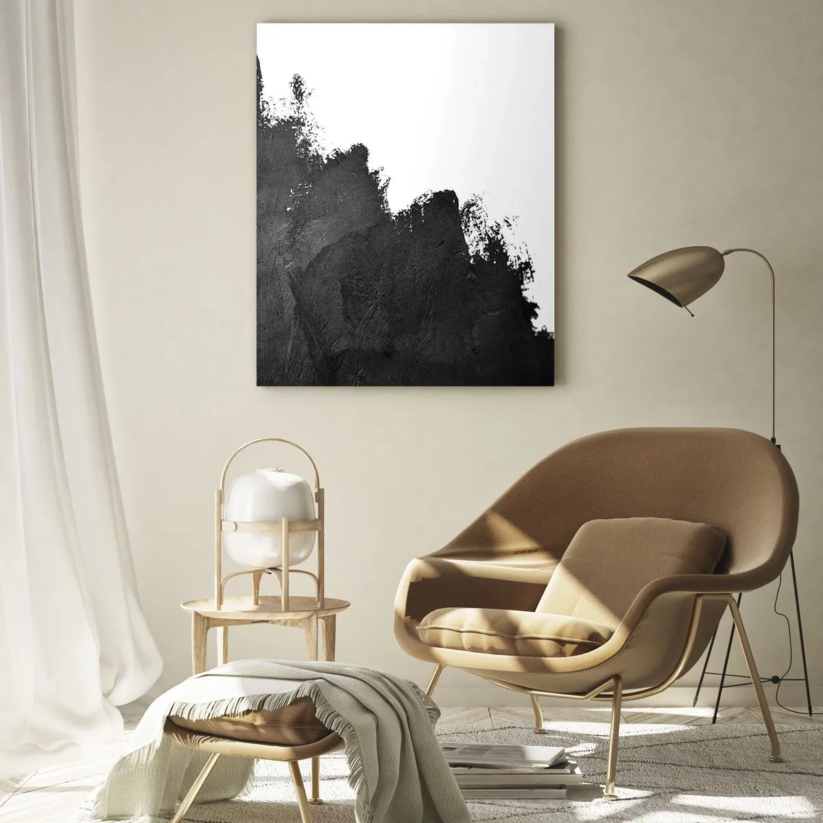 Glasbild - Bild auf glas - Schwarze Farbstruktur auf weißem Hintergrund im minimalistischen Stil - 50x70cm - Elemente: Erde - Moderne Wanddekoration für Wohnzimmer und Schlafzimmer ARTTOR