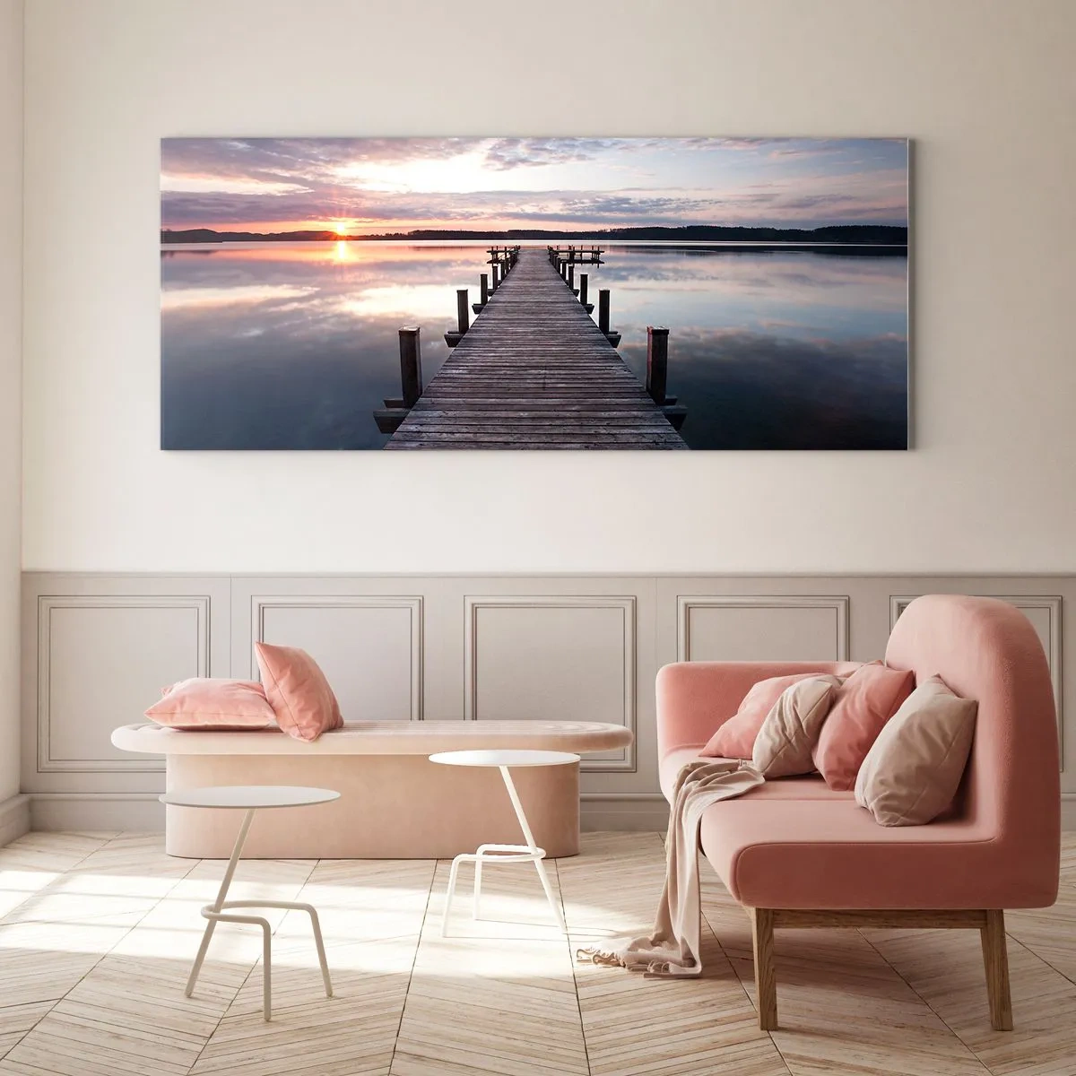 Glasbild - Bild auf glas - Ein Pier an einem See bei Sonnenuntergang in einer friedlichen Landschaft - 140x50cm - Eine stille Grenze zwischen Tag und Nacht - Moderne Wanddekoration für Wohnzimmer und Schlafzimmer ARTTOR