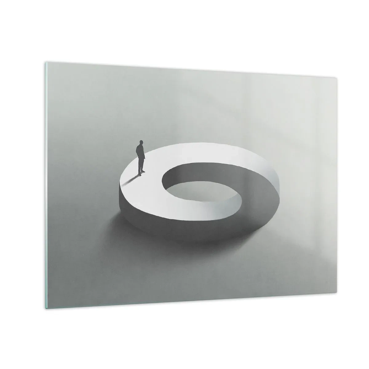 Glasbild - Bild auf glas - Eine minimalistische Silhouette eines Mannes auf einem weißen Ring - 70x50cm - Und wie soll man davon klug werden - Moderne Wanddekoration für Wohnzimmer und Schlafzimmer ARTTOR