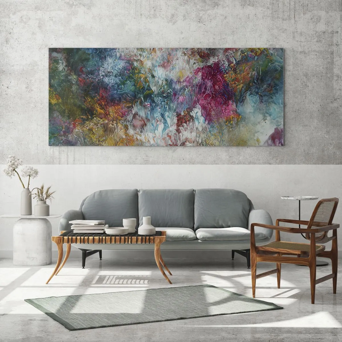 Glasbild - Bild auf glas - Eine farbenfrohe Abstraktion, die an blühende Blumen erinnert - 160x50cm - In voller Blüte - Moderne Wanddekoration für Wohnzimmer und Schlafzimmer ARTTOR