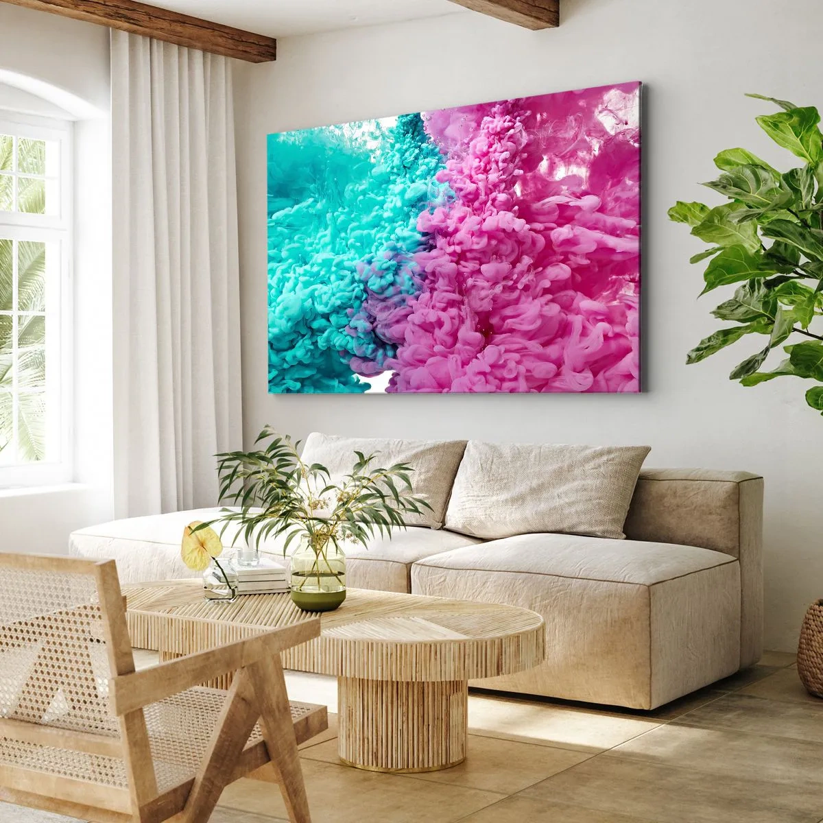 Bild auf Leinwand - Leinwandbild - Bunte Wellen aus Türkis und Pink in abstrakter Form - 100x70cm - Letzte Begegnung - Moderne Wanddekoration für Wohnzimmer und Schlafzimmer ARTTOR