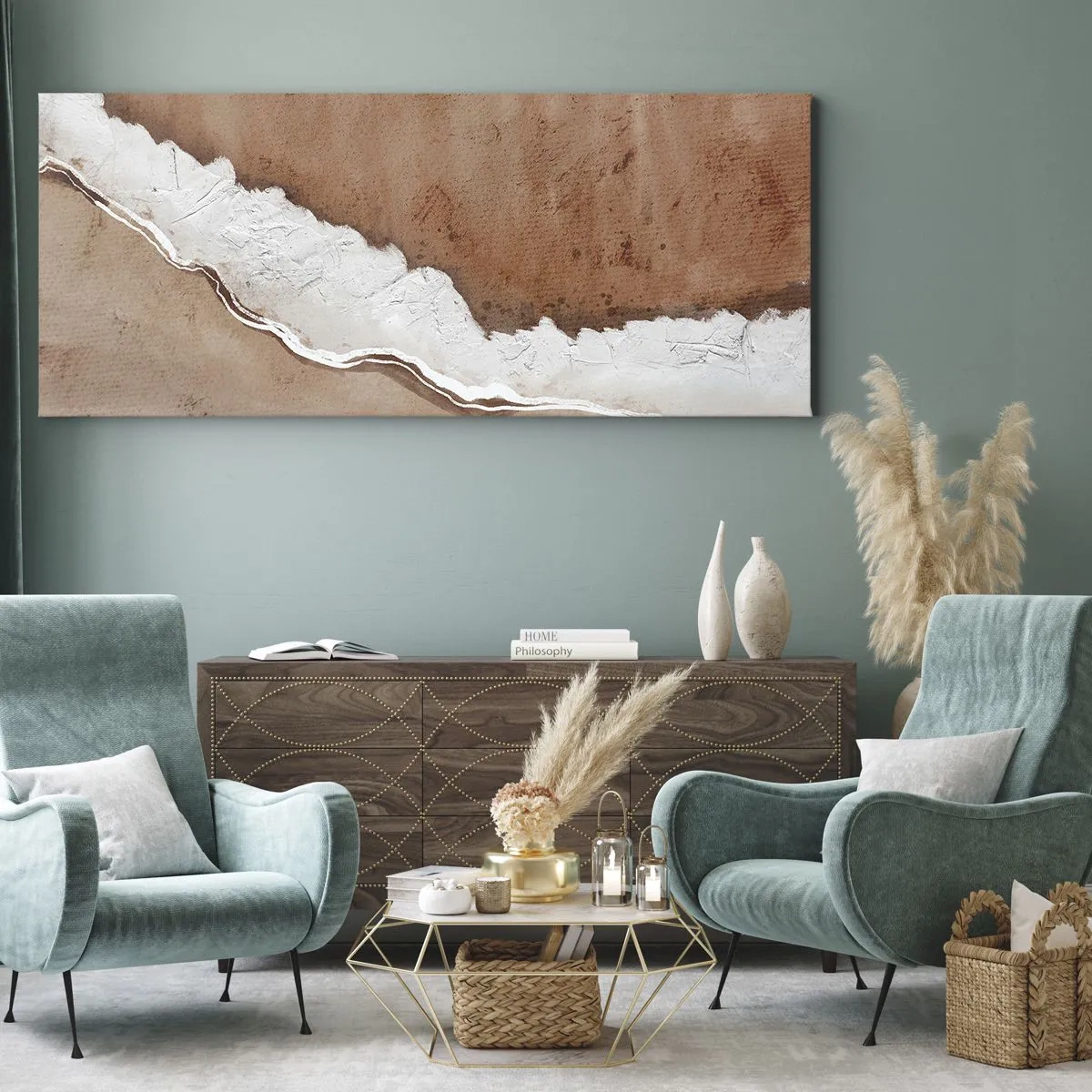 Bild auf Leinwand - Leinwandbild - Sandstruktur mit weißen Akzenten - 140x50cm - In Farben der Erde - Moderne Wanddekoration für Wohnzimmer und Schlafzimmer ARTTOR