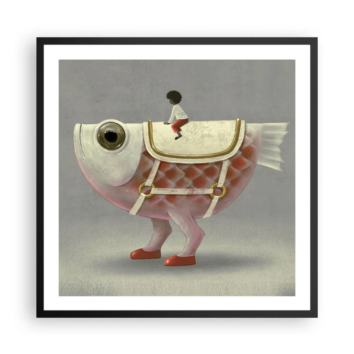 Poster in einem schwarzem Rahmen - Reiter auf einem surrealen Fisch - 60x60 cm
