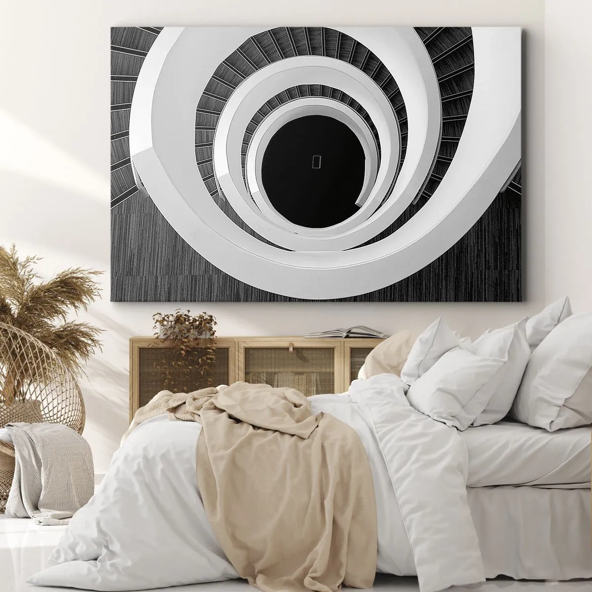 Bild auf Leinwand - Leinwandbild - Schwarz-weiße Wendeltreppe im modernen Stil - 70x50cm - Zum Kern der Sache - Moderne Wanddekoration für Wohnzimmer und Schlafzimmer ARTTOR
