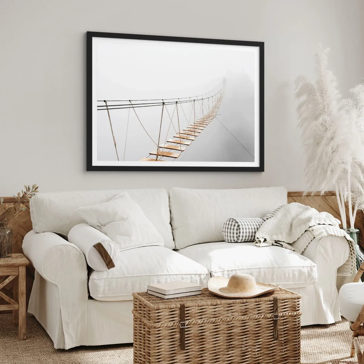 Poster in einem schwarzem Rahmen - Eine Hängebrücke im Nebel aus minimalistischer Perspektive - 70x50cm - Wohin wird es dich führen? - Moderne Wanddekoration für Wohnzimmer und Schlafzimmer ARTTOR