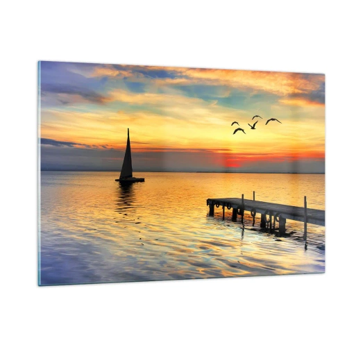 Glasbild - Bild auf glas - Segelboot und Pier bei Sonnenuntergang auf einem ruhigen See - 120x80cm - Abendrückkehr - Moderne Wanddekoration für Wohnzimmer und Schlafzimmer ARTTOR