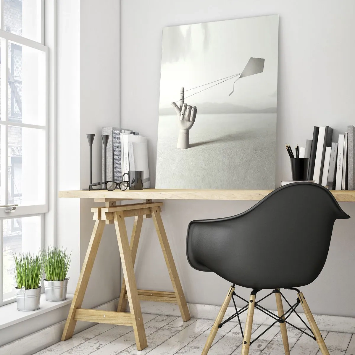 Glasbild - Bild auf glas - Eine minimalistische Holzhand mit einem Drachen vor einem Landschaftshintergrund. - 80x120cm - Kraftprobe - Moderne Wanddekoration für Wohnzimmer und Schlafzimmer ARTTOR