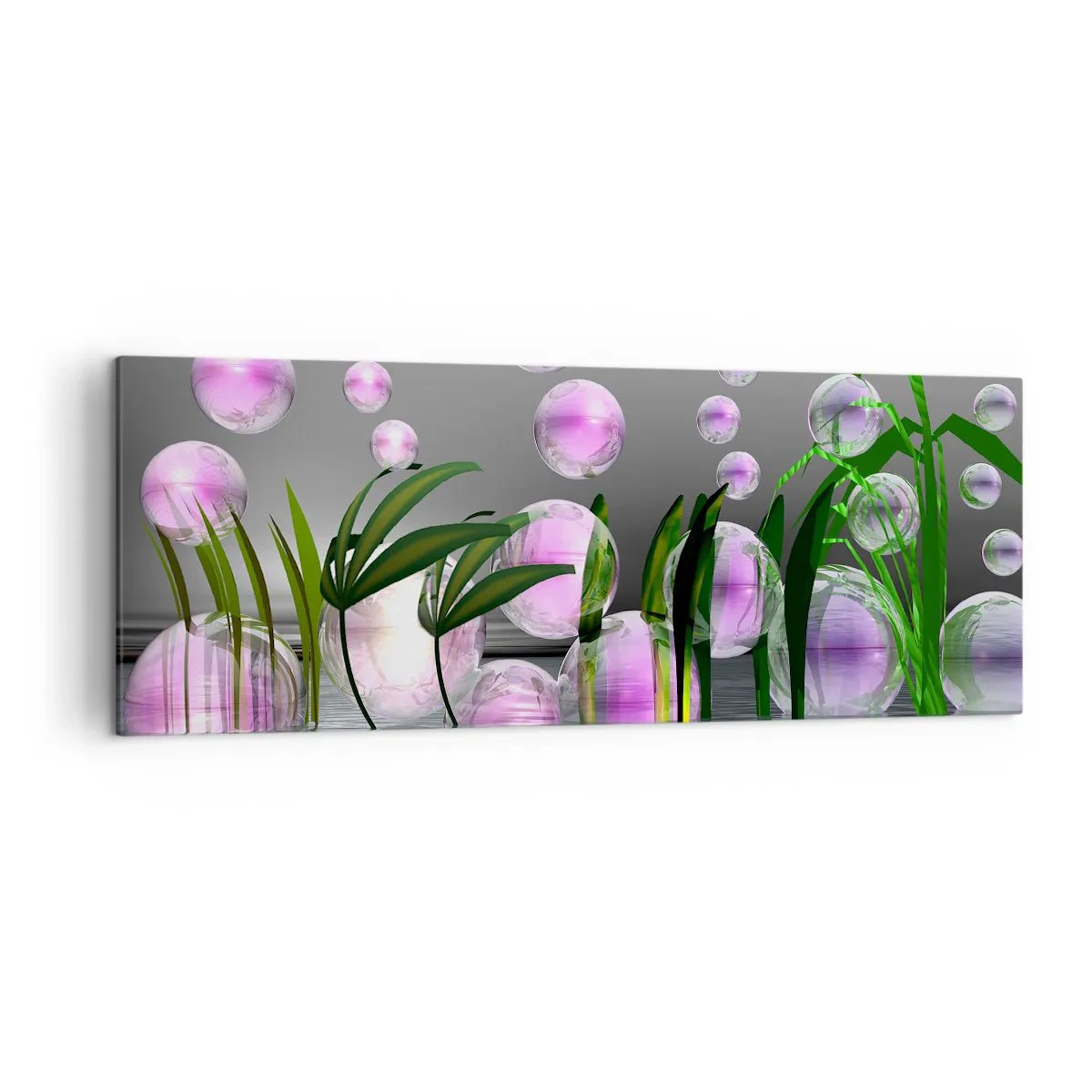 Bild auf Leinwand - Leinwandbild - Grüne Blätter und rosa Blasen über dem Wasser auf grauem Hintergrund - 140x50cm - Eine reflektierende Komposition aus Leichtigkeit und Leben - Moderne Wanddekoration für Wohnzimmer und Schlafzimmer ARTTOR