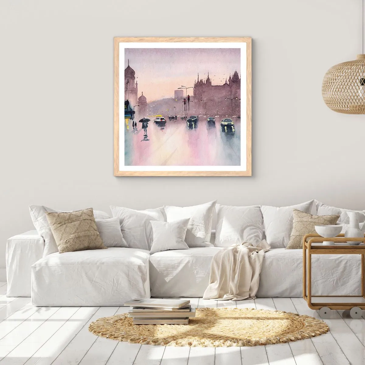 Poster in einem Rahmen aus heller Eiche - Im regnerischen Dunst - 40x40 cm