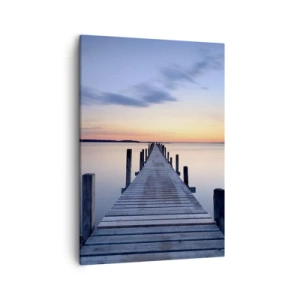 Bild auf Leinwand - Leinwandbild - Holzsteg am See bei Sonnenuntergang - 50x70cm - Die Ruhe einer heiteren Dämmerung - Moderne Wanddekoration für Wohnzimmer und Schlafzimmer ARTTOR