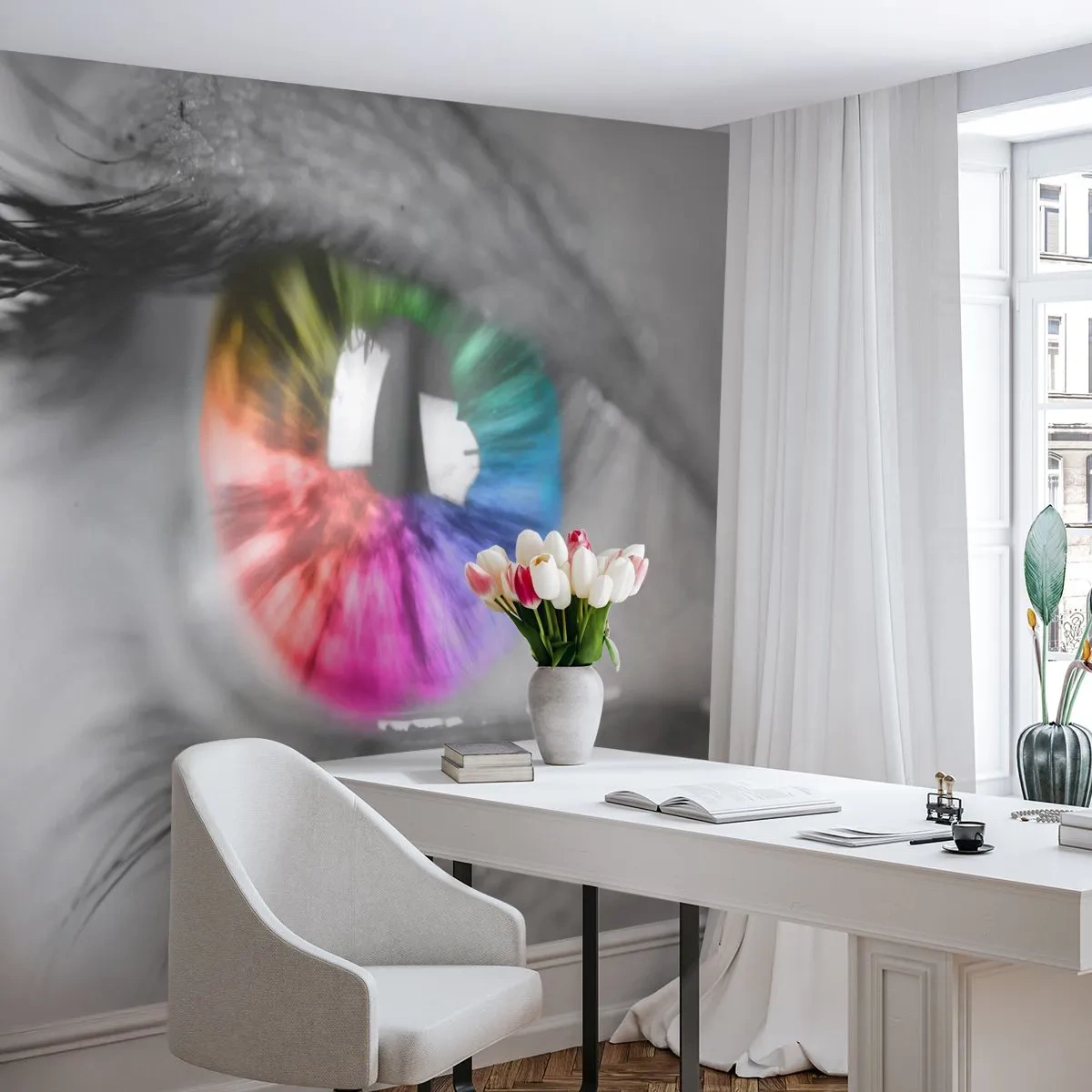 Fototapete Premium Canvas - Schau dir die Welt in Farbe an - Abstraktion, Buntes Auge, 3D - 250x175 cm