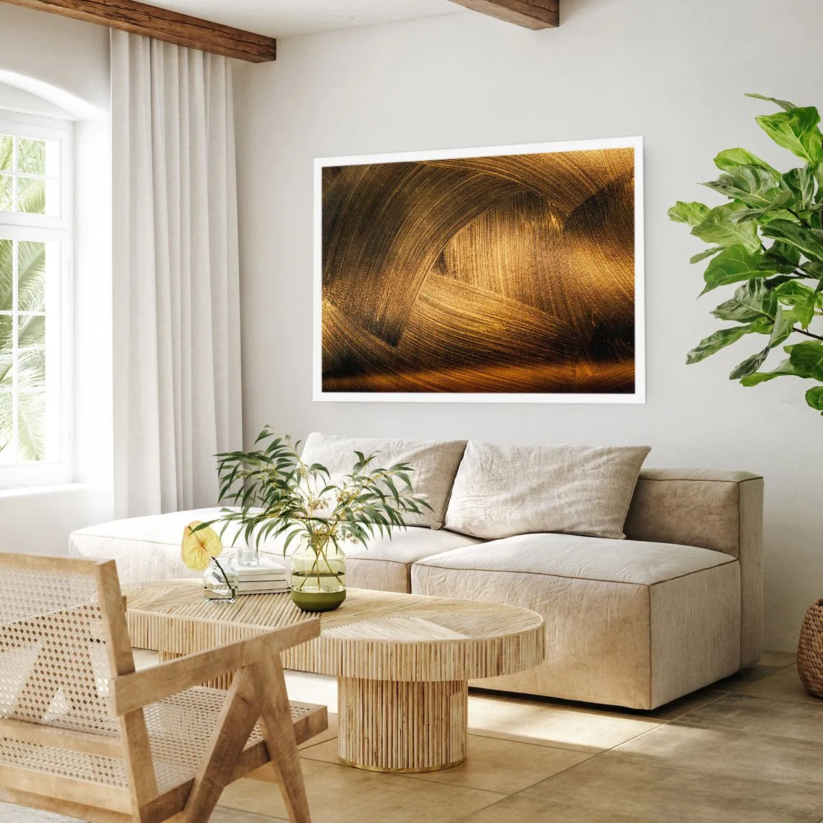 Poster - Goldene abstrakte Pinselstriche - 100x70cm - In einem goldenen Labyrinth - Moderne Wanddekoration für Wohnzimmer und Schlafzimmer ARTTOR