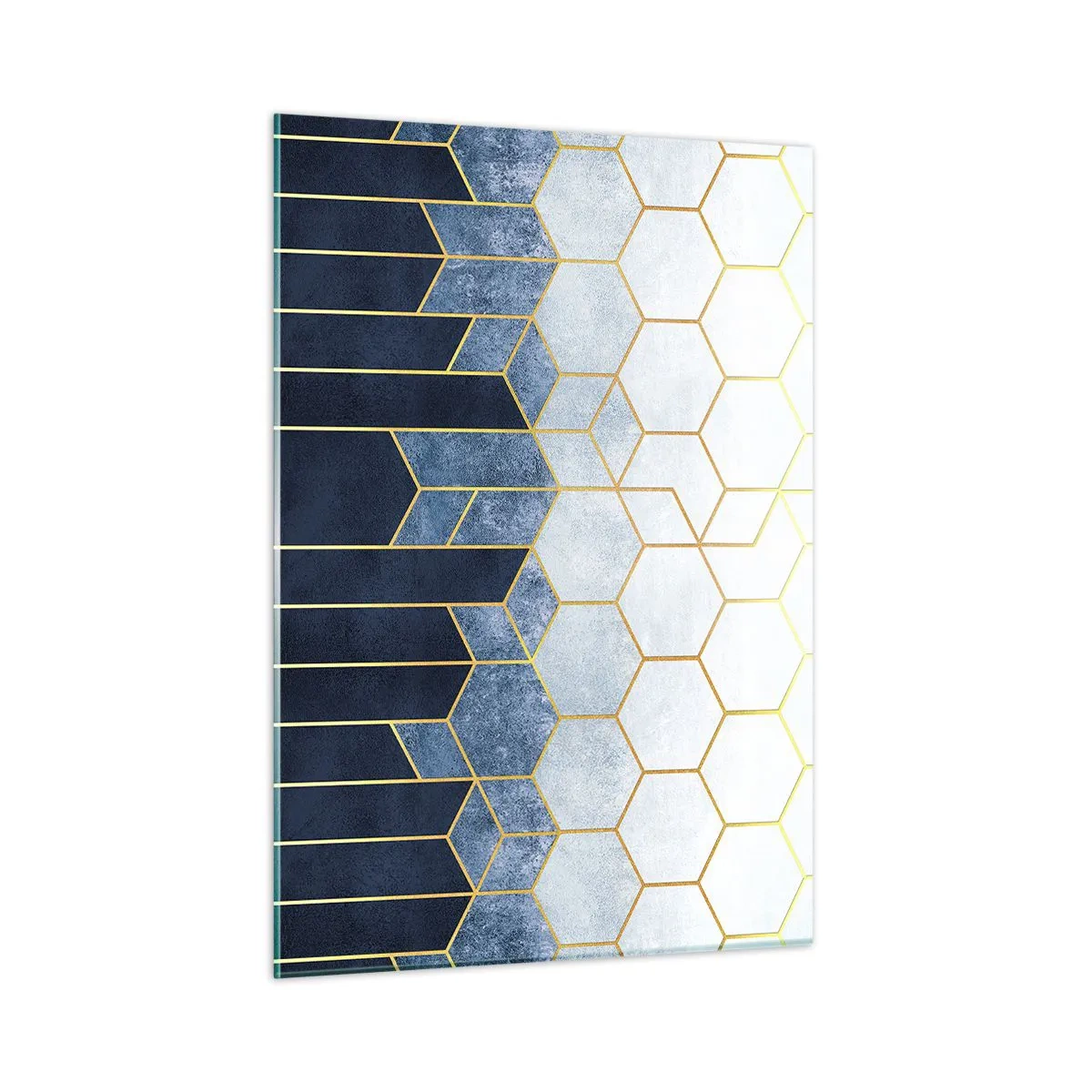 Glasbild - Bild auf glas - Geometrisches Muster in Gold- und Marineblautönen - 50x70cm - Komposition im synkopischen Rhythmus - Moderne Wanddekoration für Wohnzimmer und Schlafzimmer ARTTOR