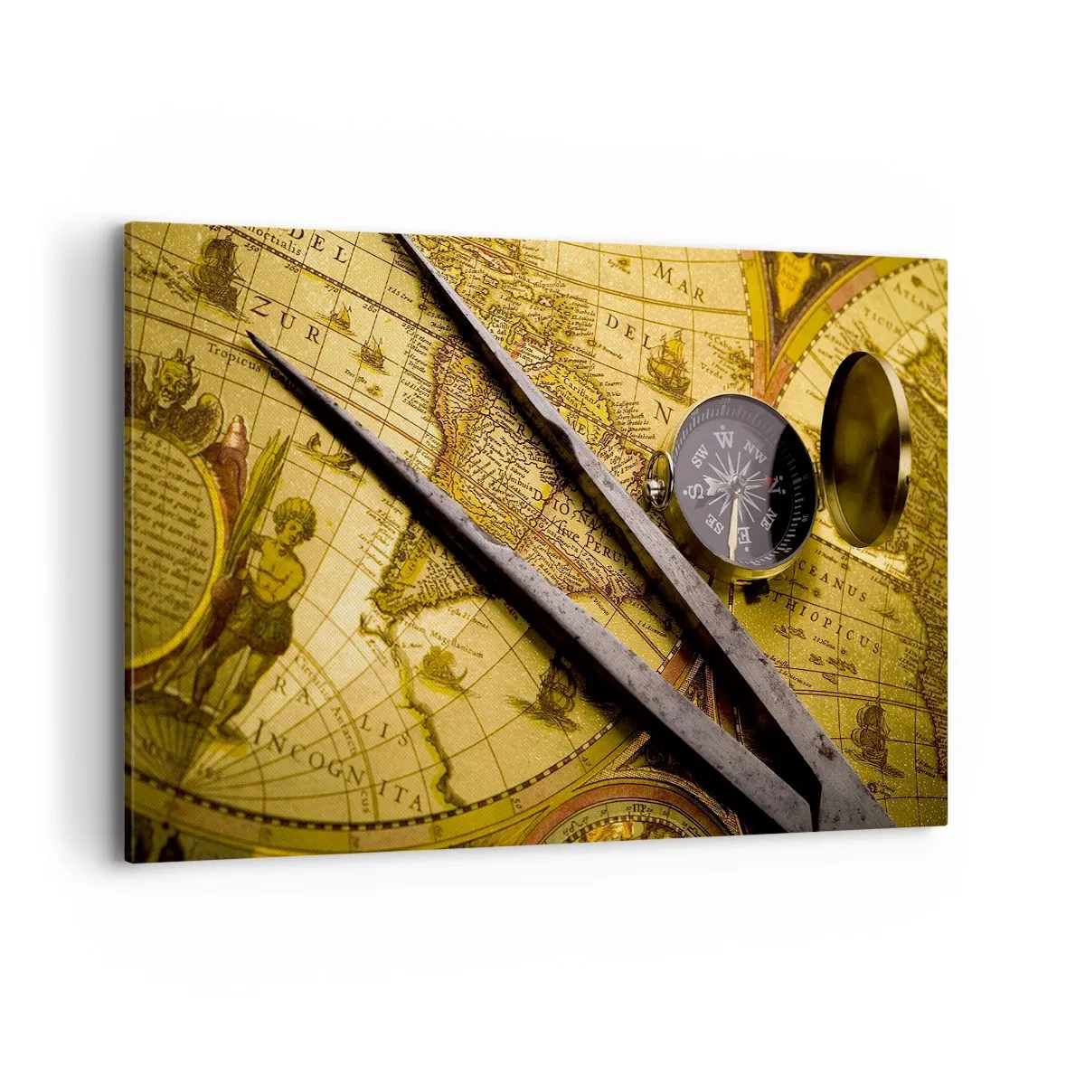 Bild auf Leinwand - Leinwandbild - Eine antike Weltkarte mit einem Kompass und einem Zirkel im Hintergrund - 120x80cm - Wo sind diese Schätze? - Moderne Wanddekoration für Wohnzimmer und Schlafzimmer ARTTOR