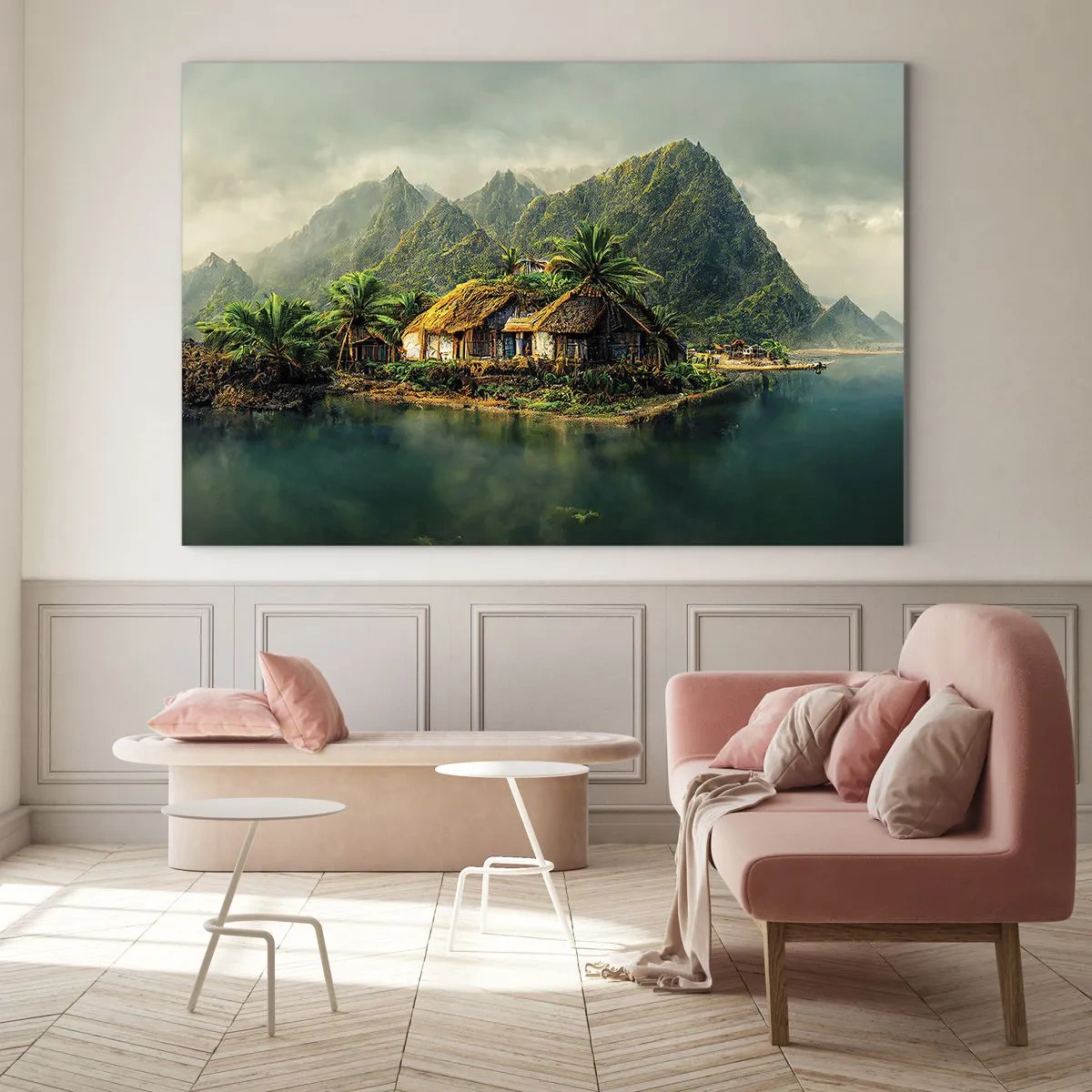 Glasbild - Bild auf glas - Ein tropisches Dorf am Wasser, umgeben von Bergen und Palmen - 70x50cm - Tropisches Paradies - Moderne Wanddekoration für Wohnzimmer und Schlafzimmer ARTTOR