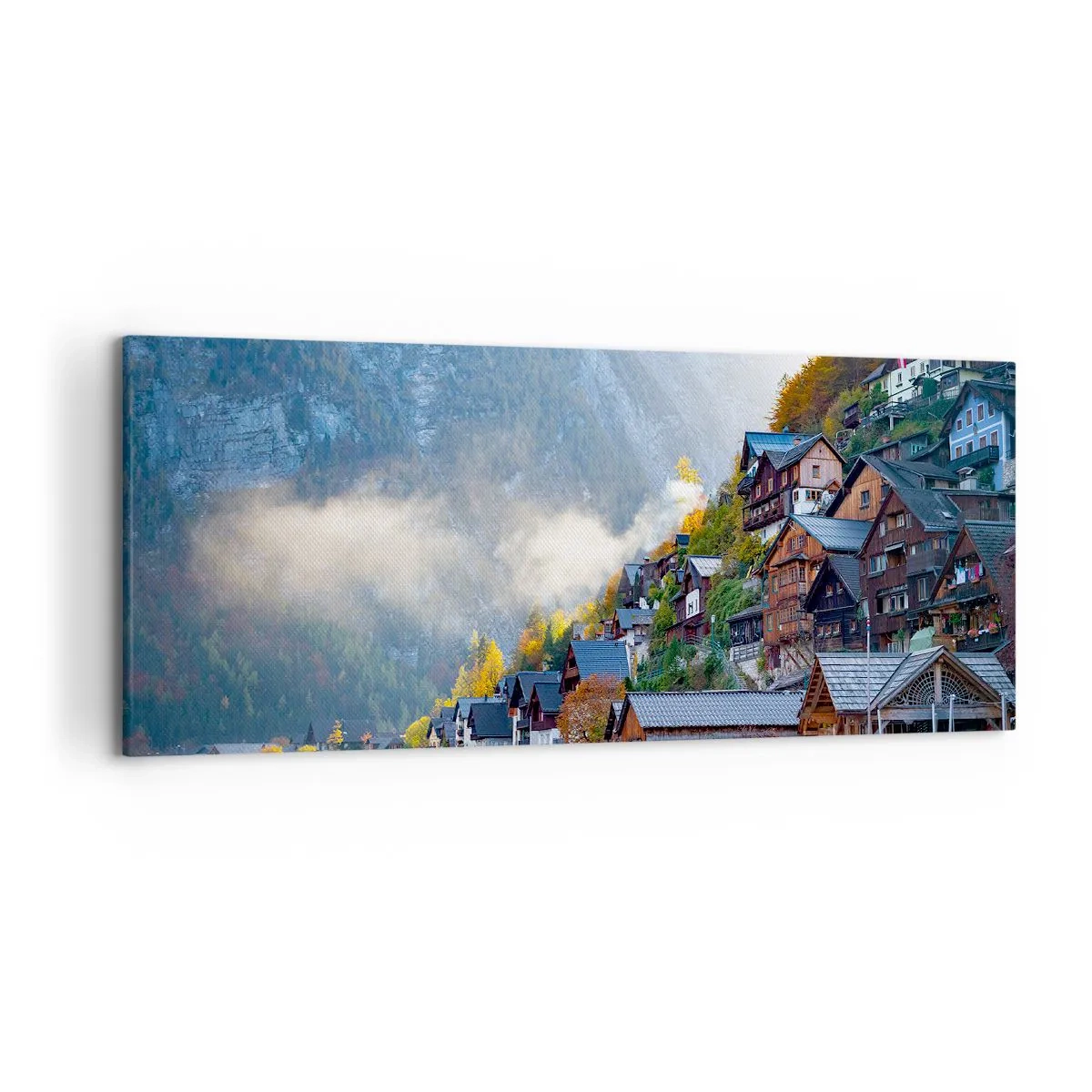 Bild auf Leinwand - Leinwandbild - Ein Bergdorf an einem See in herbstlicher Landschaft - 120x50cm - Alpenatmosphäre - Moderne Wanddekoration für Wohnzimmer und Schlafzimmer ARTTOR