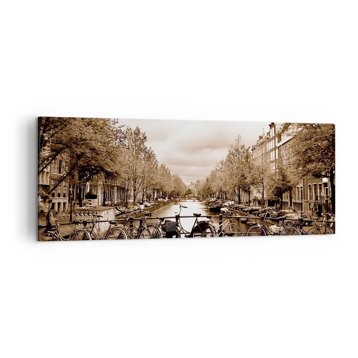 Bild auf Leinwand - Leinwandbild - Fahrradbrücke über den Kanal in Sepia - 140x50cm - Niederländische Atmosphäre - Moderne Wanddekoration für Wohnzimmer und Schlafzimmer ARTTOR