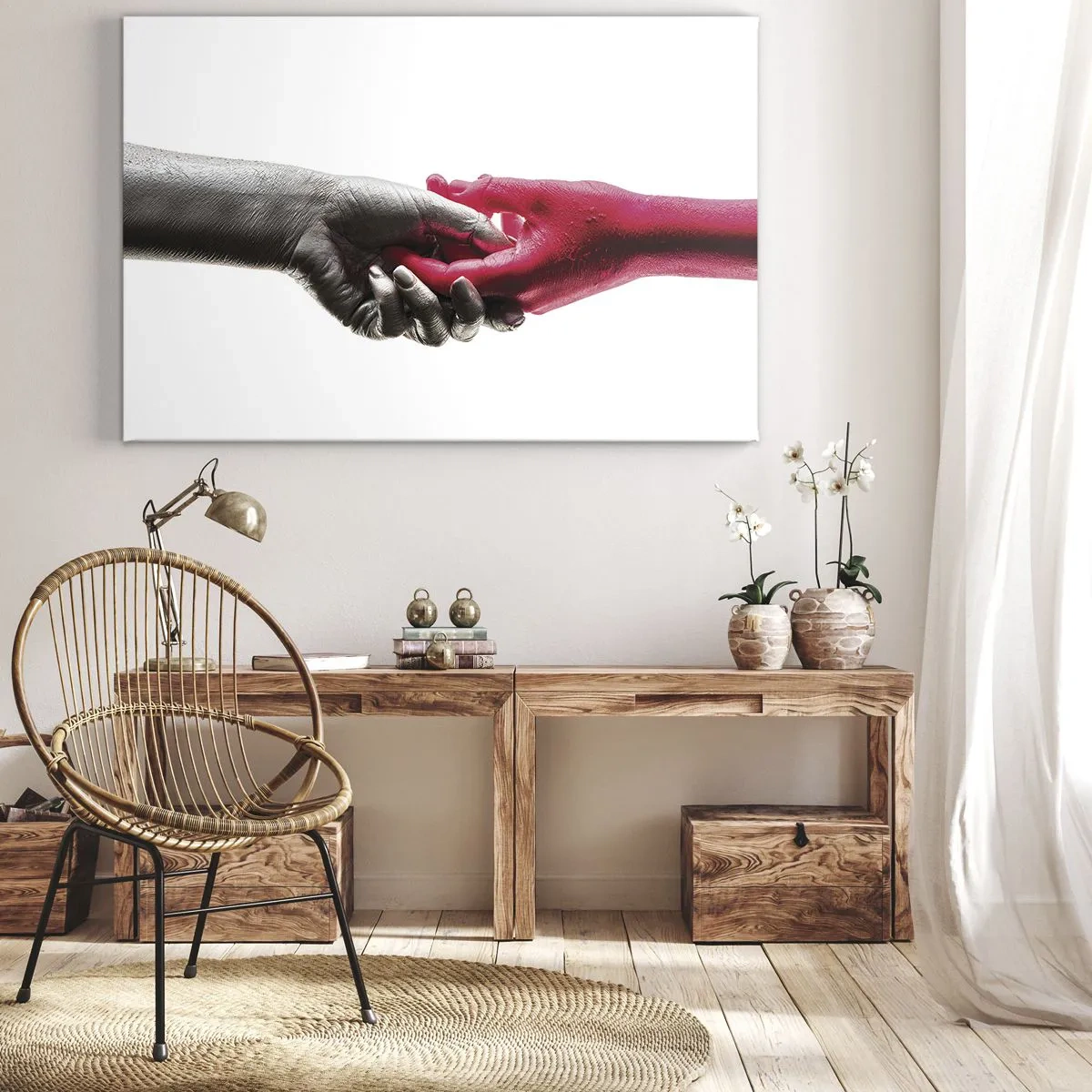 Bild auf Leinwand - Leinwandbild - Symbolische Hände in Silber und Rot - 70x50cm - Gemeinsam, obwohl anders - Moderne Wanddekoration für Wohnzimmer und Schlafzimmer ARTTOR