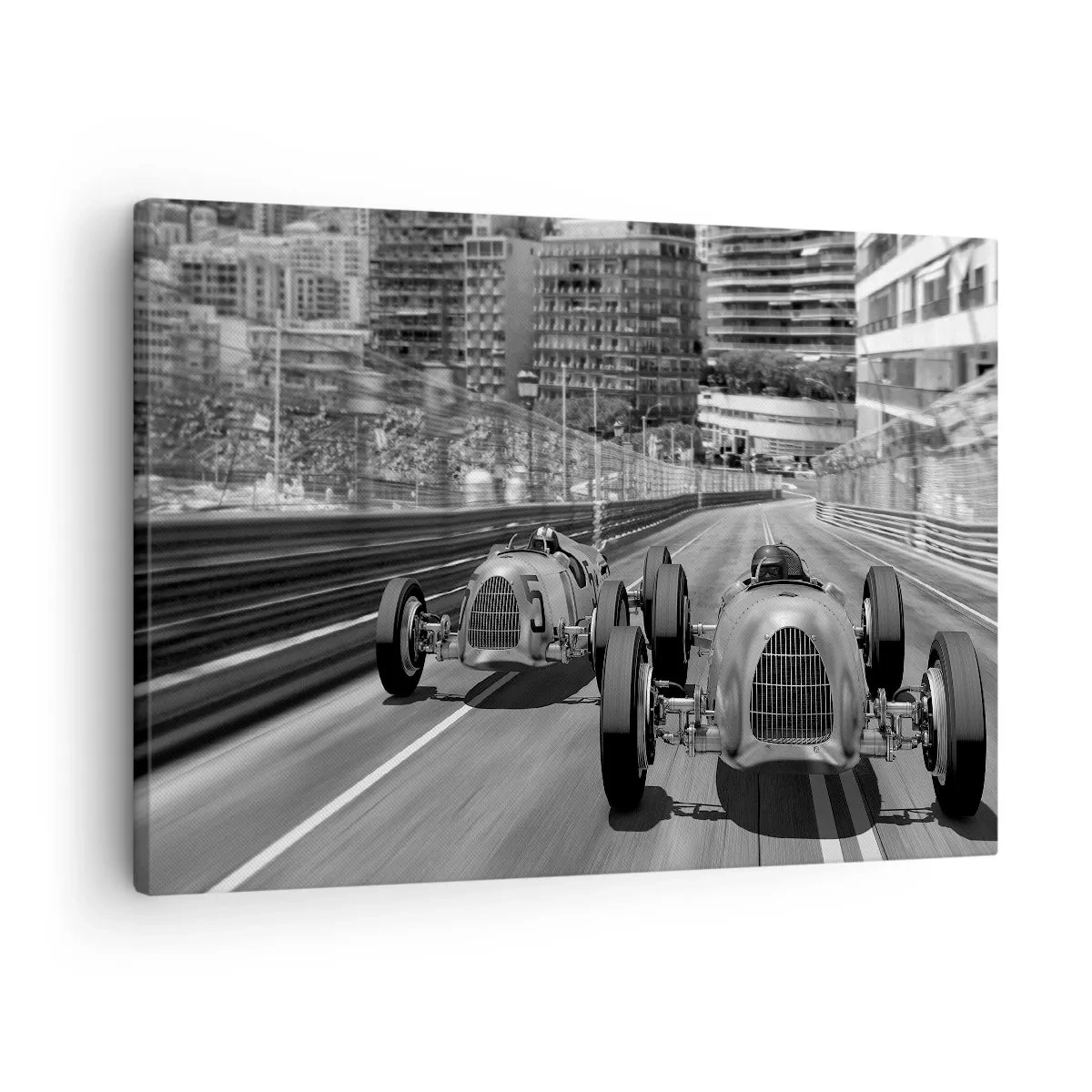 Bild auf Leinwand - Leinwandbild - Monochrome Retro-Autorennen-Szene - 70x50cm - Vor langer Zeit in Monte Carlo - Moderne Wanddekoration für Wohnzimmer und Schlafzimmer ARTTOR