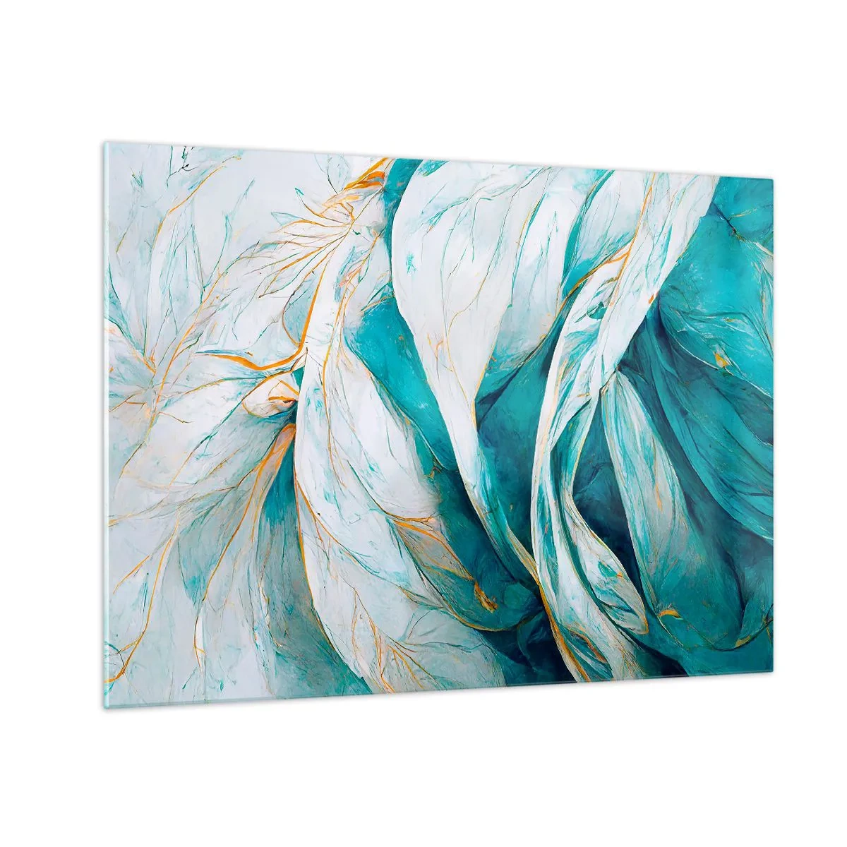 Glasbild - Bild auf glas - Organische Abstraktion in blauen und goldenen Linien - 70x50cm - Blaue Abstraktion mit goldenem Motiv - Moderne Wanddekoration für Wohnzimmer und Schlafzimmer ARTTOR