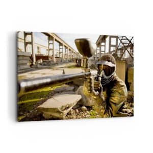 Bild auf Leinwand - Leinwandbild - Ein Paintball-Spieler in Tarnkleidung zielt mit einem Markierer - 100x70cm - Auch du kannst ein Held werden - Moderne Wanddekoration für Wohnzimmer und Schlafzimmer ARTTOR