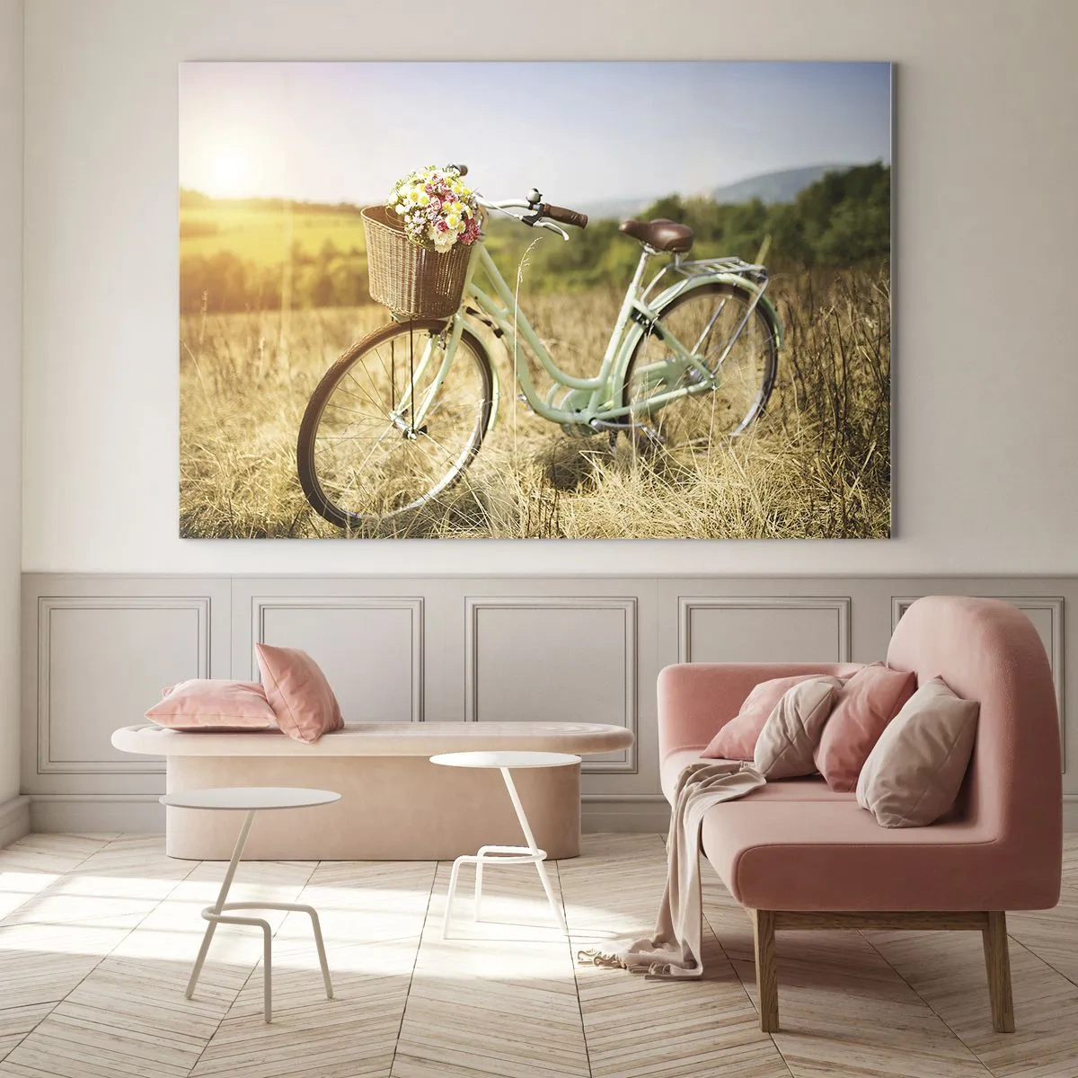 Glasbild - Bild auf glas - Retro-Fahrrad mit Blumen vor einem natürlichen Hintergrund - 120x80cm - Ich bleibe eine Weile hier - Moderne Wanddekoration für Wohnzimmer und Schlafzimmer ARTTOR