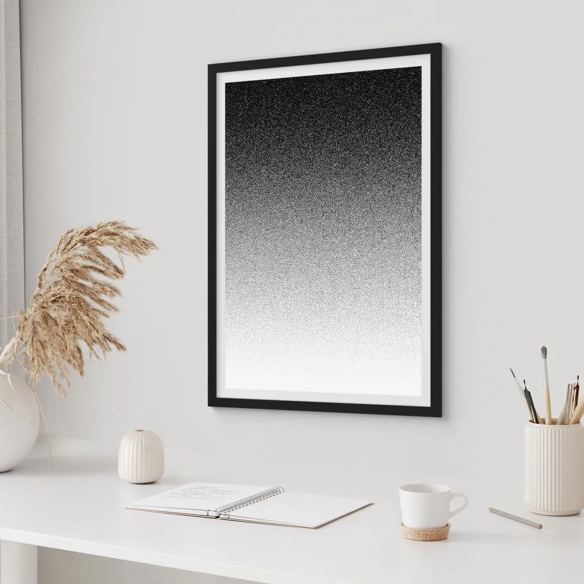 Poster in einem schwarzem Rahmen - Minimalistischer Schwarz-Weiß-Farbverlauf in einem gepunkteten Muster - 50x70cm - Dem Licht entgegen - Moderne Wanddekoration für Wohnzimmer und Schlafzimmer ARTTOR