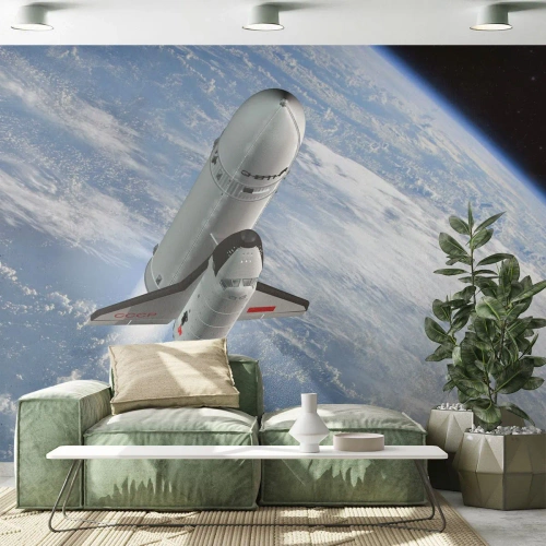Fototapete Premium Sand - Space Shuttle im Weltraum über der Erde - 100x70cm - Kosmischer Aufstieg - Moderne Wanddekoration für Wohnzimmer und Schlafzimmer ARTTOR