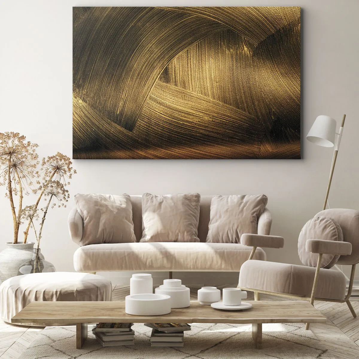 Bild auf Leinwand - Leinwandbild - Goldene abstrakte Pinselstriche - 70x50cm - In einem goldenen Labyrinth - Moderne Wanddekoration für Wohnzimmer und Schlafzimmer ARTTOR