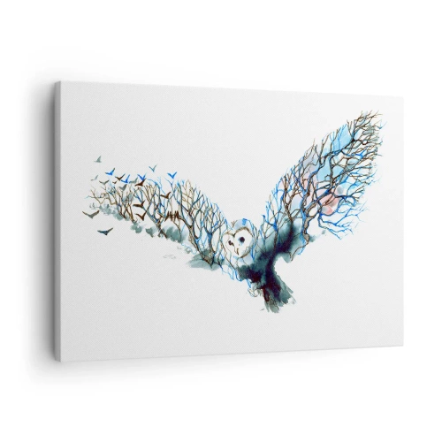 Bild auf Leinwand - Leinwandbild - Künstlerische Grafik einer Eule mit ausgebreiteten Flügeln - 70x50cm - Auf den Flügeln des Waldes - Moderne Wanddekoration für Wohnzimmer und Schlafzimmer ARTTOR