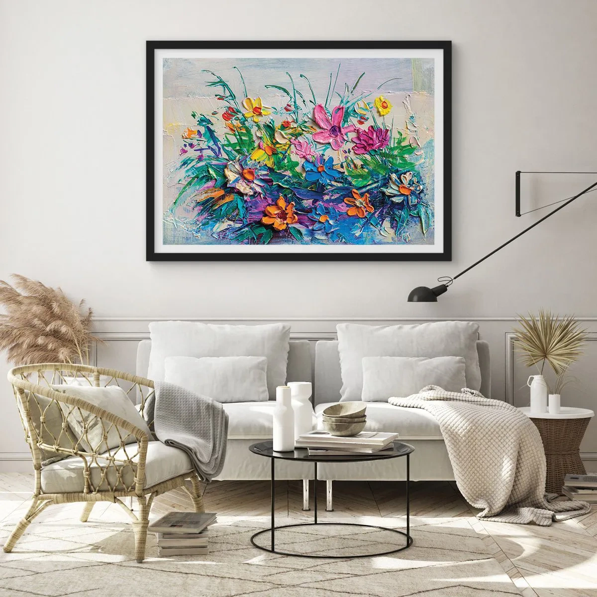 Poster in einem schwarzem Rahmen - Ein bunter Blumenstrauß, gemalt in der Impasto-Technik - 70x50cm - Überhaupt kein Stillleben - Moderne Wanddekoration für Wohnzimmer und Schlafzimmer ARTTOR