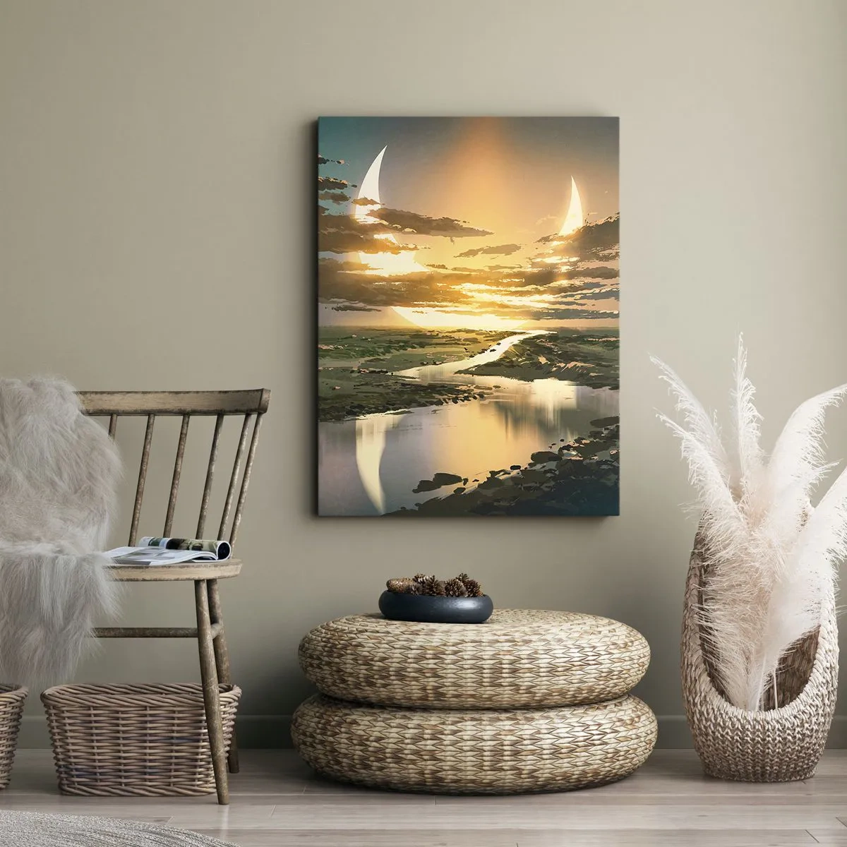 Bild auf Leinwand - Leinwandbild - Eine fantastische Landschaft mit zwei Monden am Horizont - 70x100cm - Irgendwo in einer weit, weit entfernten Galaxie - Moderne Wanddekoration für Wohnzimmer und Schlafzimmer ARTTOR