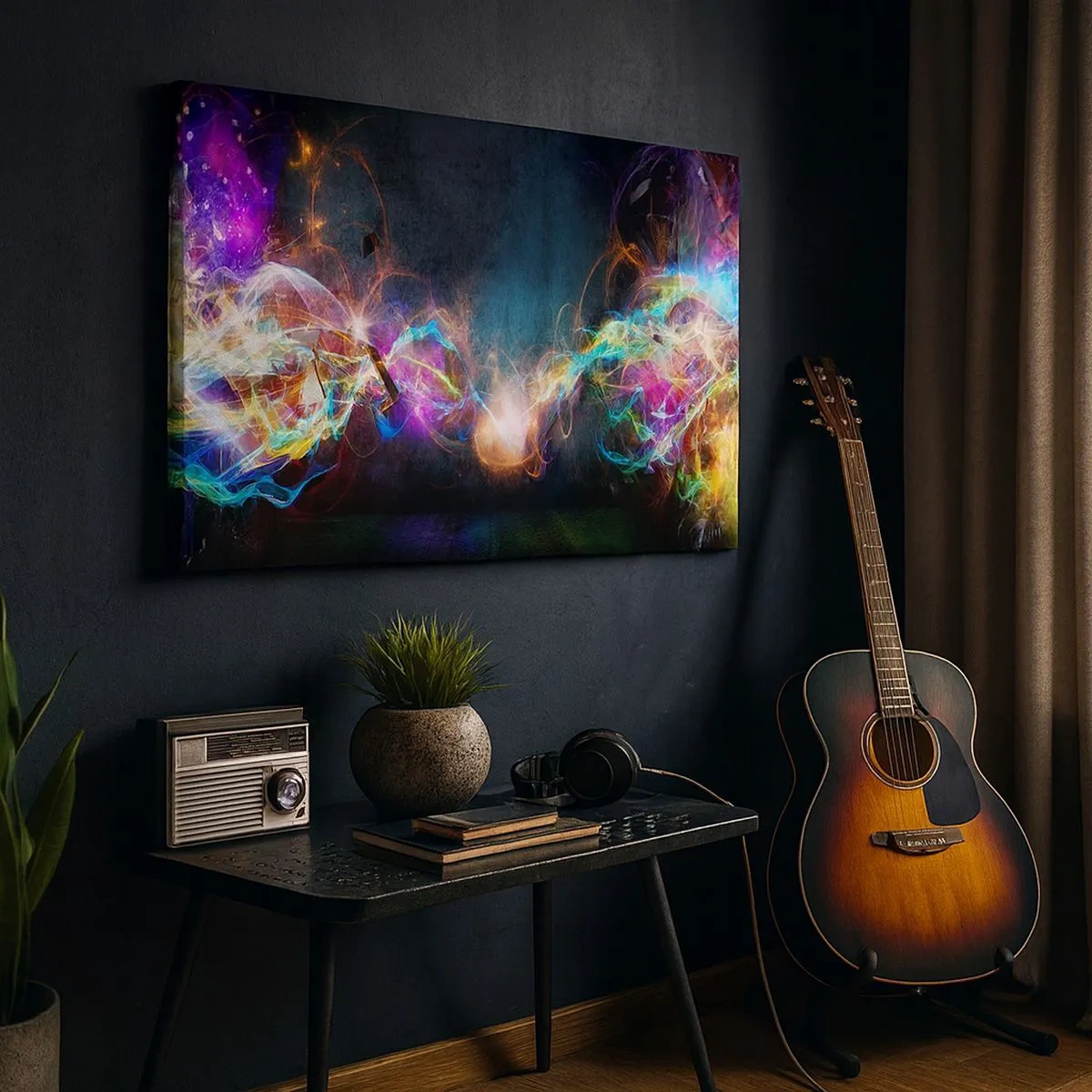 Bild auf Leinwand - Leinwandbild - Bunte Lichtblitze in einer abstrakten Komposition - 70x50cm - Freudig gegen die Dunkelheit - Moderne Wanddekoration für Wohnzimmer und Schlafzimmer ARTTOR