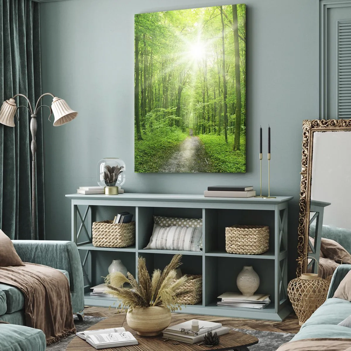 Bild auf Leinwand - Leinwandbild - Pfad im Wald mit Sonnenstrahlen - 70x100cm - Die grüne Kathedrale - Moderne Wanddekoration für Wohnzimmer und Schlafzimmer ARTTOR