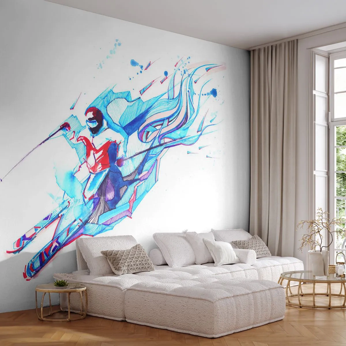 Fototapete Standard Eco - Verrückter Ansturm vor Freude - Abstraktion, Skier, Skifahrer - 200x140 cm